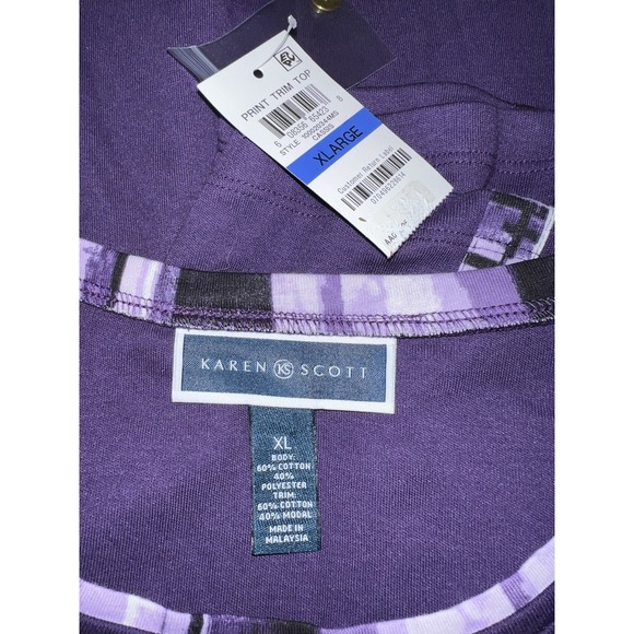 New Karen Scott Top Purple Print Trim 3/4 Sleeve Shirt Size XL Casual Travel - Picture 8 of 9